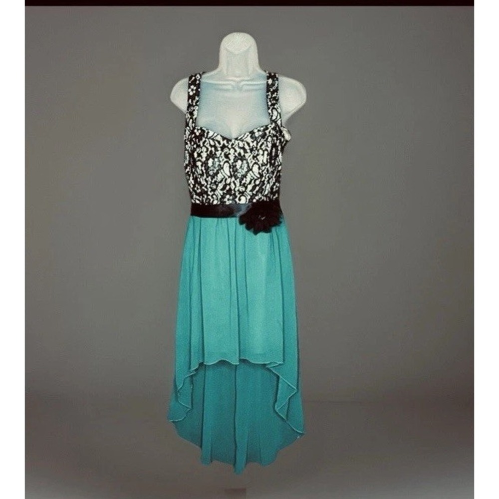 Jodi Kristopher Dress S Lace Bodice High Low Teal Black Sweetheart Prom Formal